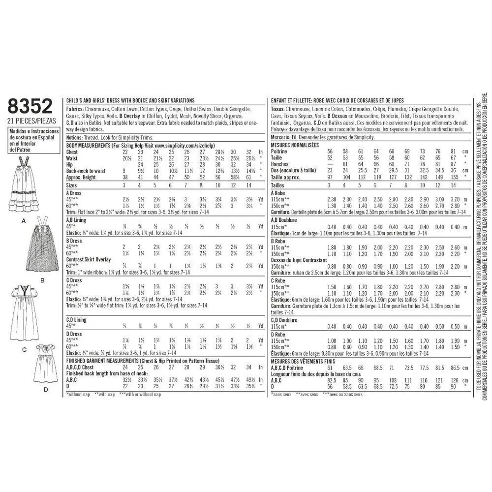 Simplicity Sewing Pattern 8352 Dress with Bodice Skirt Girls Size 3-6‎
